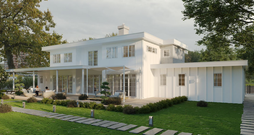 Modern white two-storey prefab home with covered patio and landscaped garden