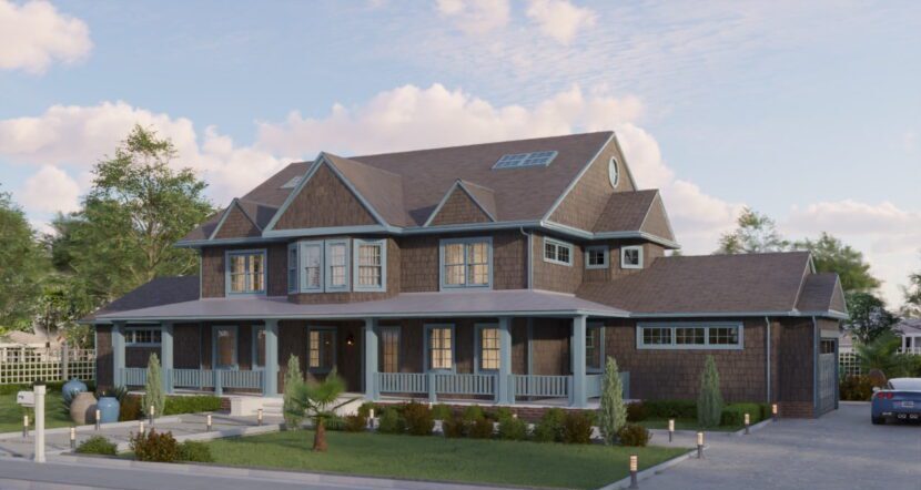 Craftsman-style prefab home with wraparound porch and shingle exterior