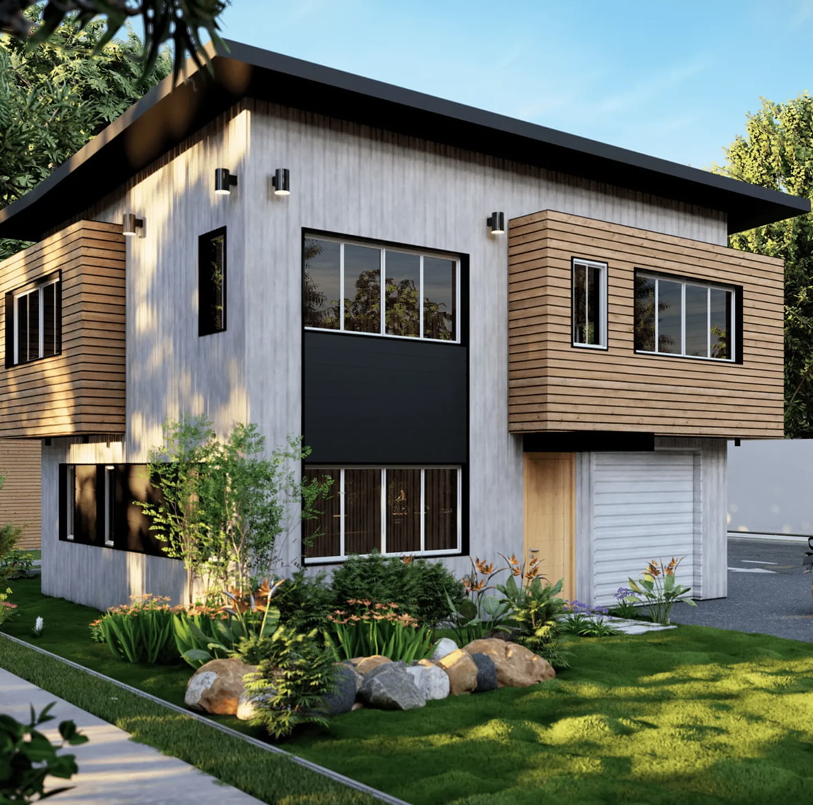 Contemporary prefab home with timber and concrete cladding and integrated garage